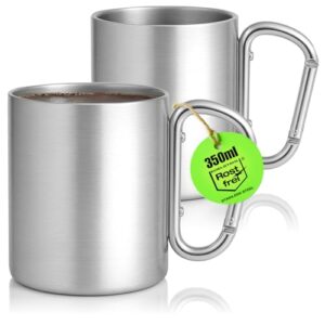 Zwei silberfarbene Edelstahl-Thermobecher mit Karabinergriff und 350 ml Fassungsvermögen - ideal für Camping, Wandern, Outdoor-Aktivitäten und Reisen