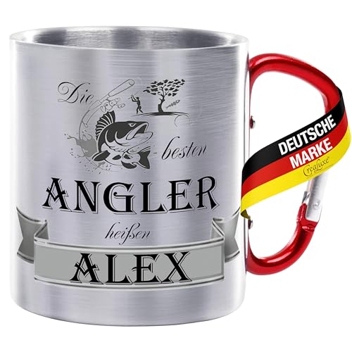 Personalisierte Edelstahltasse mit Karabiner und Name, 330 ml Kapazität, Metalltasse für Kaffee oder Büro, individuell vergrößert