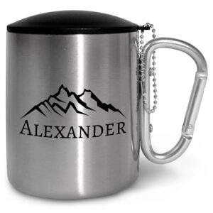 Edelstahl-Tasse mit Karabinergriff und Deckel, personalisiert mit Bergen, silberner Griff, für Männer und Frauen als Geschenk oder Outdoor-Camping-Zubehör