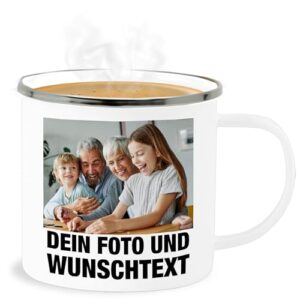 Emaille Becher Blechbecher mit foto - Becher für das eigenes Foto und Wunschtext, 300 ml, Weiß Silber