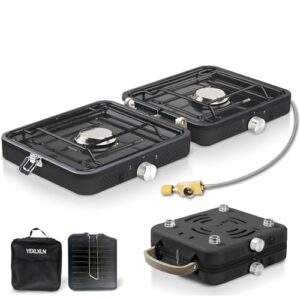 Fiutazge 2-in-1-Gascampingherd, Campingkocher mit Grillplatte & Tragetasche für Outdoor-Aktivitäten wie Camping, Wandern und Motorradcamping