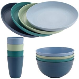 Camping-Geschirr-Set 12 Teilig für 4 Personen, leicht und unzerbrechlich, stapelbar, Plastikgeschirr zum Picknick oder Camping