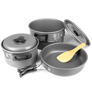 Ganzoo Camping-Geschirr Set aus Aluminium, Outdoor-Kochset mit 2 Töpfen, 2 Deckeln und Pfanne, ideal für 1-2 Personen beim Zelten oder Picknicken