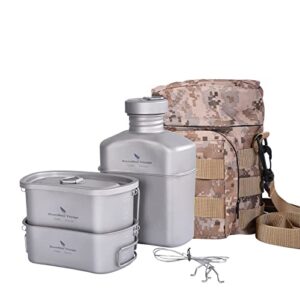 Leichtestes militärisches Kochset für Outdoor-Aktivitäten, bestehend aus 1100ml-Feldflasche, 750ml-Topsf und 400ml-Topf mit Deckel und Aufhängenäpfchen
