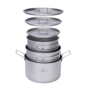 Kochtopf für Camping, Titan-Geschirr, Outdoor-Kochset, Feuertopf mit Deckel und Handgriff, geeignet für 1-3 Personen, leicht zu tragen und stapeln