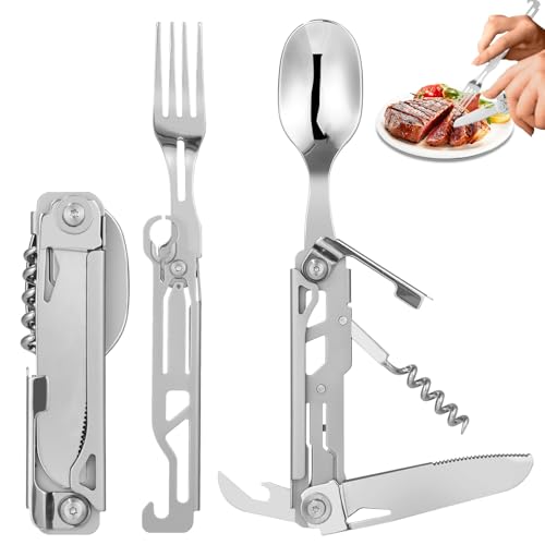 Edelstahl Besteck 5 in 1 Klappbesteck für Camping, Outdoor-Tragbares Besteck mit Gürteltasche, Reisebesteck für Picknick und Outdoor-Aktivitäten