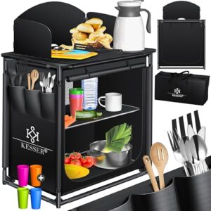 Kesser Campingküche mit Tragetasche und Becherset - Campingschrank Faltschrank mit Aluminiumgestell für Reiseküche Küchenbox Zeltschrank Outdoor Camping Küche Schwarz/Schwarz Typ F2