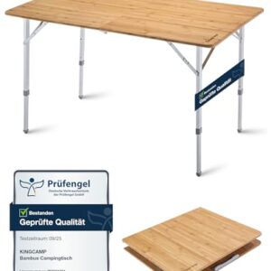 KingCamp Campingtisch Bambus Klapptisch, höhenverstellbar (48/57 / 70 cm) für 4-8 Personen, Campingtisch klappbar mit Tragetasche, belastbar bis 80 kg, 120x70 cm, XL