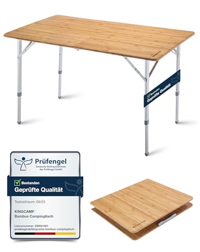KingCamp Campingtisch Bambus Klapptisch, höhenverstellbar (48/57 / 70 cm) für 4-8 Personen, Campingtisch klappbar mit Tragetasche, belastbar bis 80 kg, 120x70 cm, XL