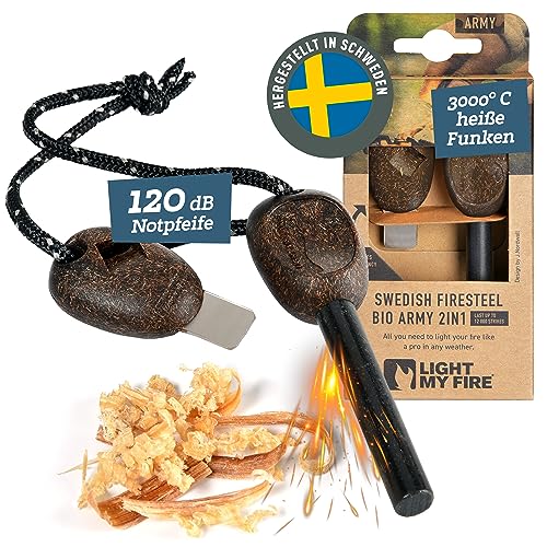 Feuerstahl Outdoor Army, 10 mm, 12.000 Zündungen, Notfallpfeife und Feuerzeug für Outdoor-Aktivitäten wie Camping und Wandern