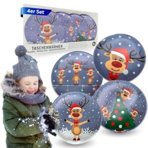 Weihnachtliches Geschenk für Kinder - 4er Set Taschenwärmer mit Rentiermotiven - Wiederverwendbare Handwärmer für kalte Hände im Winter