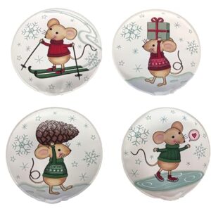 Vier zauberhafte Handwärmer mit süßen Maus-Motiven, ideal für kalte Tage und unterwegs wohltuende Wärme.