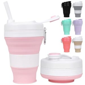 Faltbarer Silikonbecher in Rosa mit Stroh-Kunststoffdeckel, BPA-frei und wiederverwendbar für Outdoor-Aktivitäten wie Camping, Picknick und Wandern.