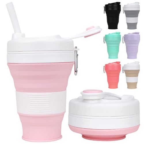 Faltbarer Silikonbecher in Rosa mit Stroh-Kunststoffdeckel, BPA-frei und wiederverwendbar für Outdoor-Aktivitäten wie Camping, Picknick und Wandern.