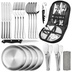 Camping-Geschirr-Set für 4 Personen, inklusive Besteck, Löffel und Putztücher für Picknick und Reisen