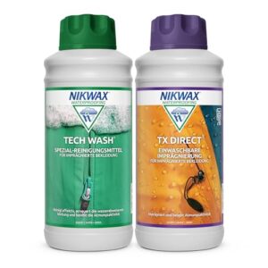 Nikwax Tech Wash und TX.Direct Wash-In Doppelpack 2 x 1L, Technischer Reiniger und Wash-In Imprägnierer für Wetterschutzbekleidung - reinigt, imprägniert, revitalisiert die Atmungsaktivität