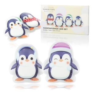 Ein Set aus vier kuscheligen Pinguin-Shaped Handwärmern, die auf einem weißen Hintergrund stehen. Die Pinguine haben eine orangefarbene Fußsohle und ein weißes Bauchfell mit schwarzen Punkten. Sie haben zwei Arme, die an ihren Körpern befestigt sind, und enden in orangefarbenen Händen.