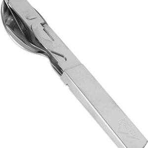 Campingbesteck aus Edelstahl für Outdoor-Aktivitäten, besteht aus Messer, Gabel, Löffel und Dosenöffner, leicht zu reinigen und transportieren.