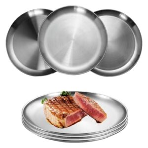 NUWIQ Edelstahl Teller, 6 Stück Edelstahl Platten für Barbecue, Rund Geschirr, Kuchenform, Camping Teller für Picknick, Wandern, Küche und Party