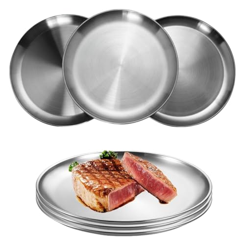 NUWIQ Edelstahl Teller, 6 Stück Edelstahl Platten für Barbecue, Rund Geschirr, Kuchenform, Camping Teller für Picknick, Wandern, Küche und Party