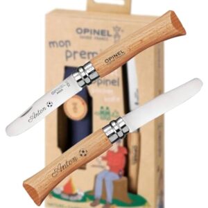 OPINEL Kindermesser mit Gravur und abgerundeter Klinge für Kinder, Sicherheitsmesser aus Edelstahl und Buchenholzgriff