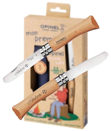 OPINEL Kindermesser mit Gravur und abgerundeter Klinge für Kinder, Sicherheitsmesser aus Edelstahl und Buchenholzgriff