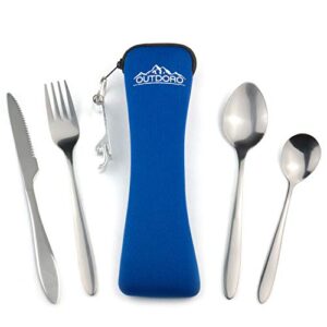 Outdoro Camping- und Reisebesteck aus Edelstahl mit Neopren-Bestecktasche. Ideales Besteckset für Outdoor-Aktivitäten, Camping, Reisen und Backpacking.