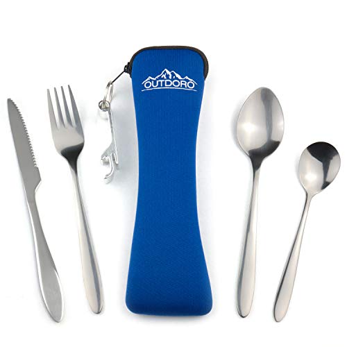 Outdoro Camping- und Reisebesteck aus Edelstahl mit Neopren-Bestecktasche. Ideales Besteckset für Outdoor-Aktivitäten, Camping, Reisen und Backpacking.