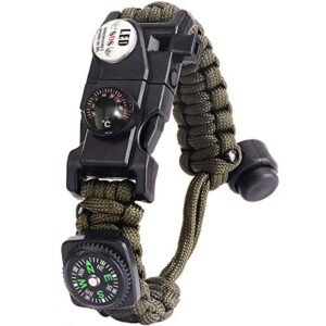Paracord Survival Armband Kit für Herren Damen, Survival Armband mit Feuerstein + Kompass + Thermometer (Armeegrün)