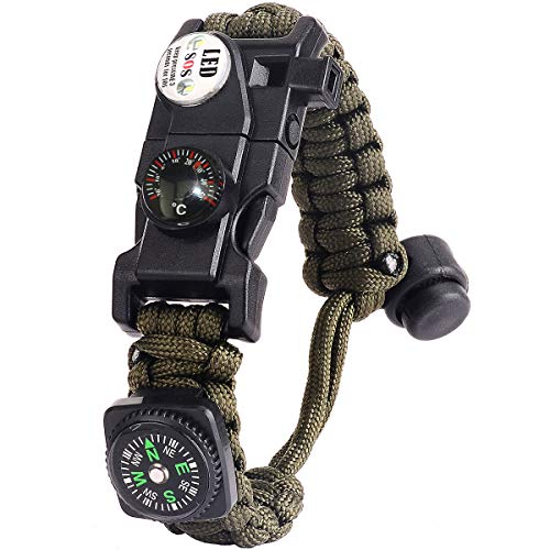Paracord Survival Armband Kit für Herren Damen, Survival Armband mit Feuerstein + Kompass + Thermometer (Armeegrün)