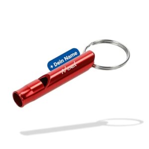 Personalisierte Signalpfeife aus Aluminium mit roter Farbe und Schlüsselring. Geeignet für Outdoor-Aktivitäten wie Wandern, Radfahren oder Skifahren. Perfekt als Geschenkidee zu Weihnachten oder Geburtstag.