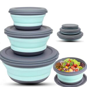 Drei faltbare Schüsseln aus Silikon, blau und grau, ideal für Camping und Outdoor-Abenteuer.