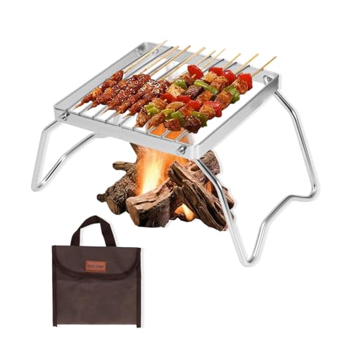 Klappbarer Grillgitter, Tragbarer Lagerfeuer Grill mit Aufbewahrungstasche, Edelstahl Holzkohle Grillrost Topfhalter für Camping, Picknick, Wandern, Angeln, Rucksackreisen