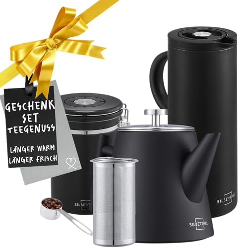 Silberthall Thermo Teekannen 3er Set mit Isolierkanne und Teedose in Edelstahl - ideal für Tee- und Kaffee-Fans