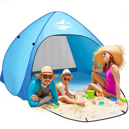 Beispiel Strandmuschel Pop Up 3-4 Personen, Strandzelt mit UV Schutz, UPF 50+, automatisches Tragbares Strandzelt Wurfzelt für Familie Camping Garten Strand, großes Zelt von 240x200x135cm