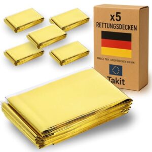 Takit Rettungsdecke x5, extra groß, 210x160 cm, wasserfest, Mylar Überleben Folie Decke für Erwärmung bei Camping, Wandern und Erste Hilfe