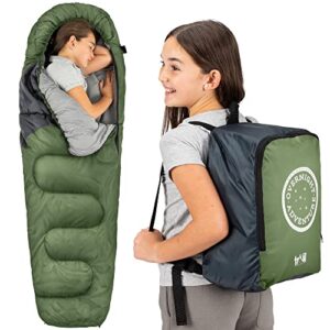Trail Schlafsack für Kinder, Mumienschlafsack als 3 Jahreszeiten Schlafsack, 300gsm, für Jungen und Mädchen, mit Leichtem Transportrucksack - Khaki Farbe