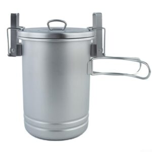Multifunktionales Kochgerät aus Edelstahl für Outdoor-Camping und Wandern, mit faltbaren Griff und tragbarem Design. Reis- und Dampfgarer in einem Topf.