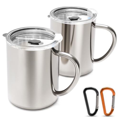 Yoassi Edelstahl Camping Becher, 2er Set Thermotasse mit Deckel und Karabiner, doppelwandige Isolierbecher für Outdoor und Camping (400 ml)