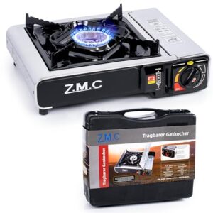 Z.M.C. Gaskocher 1-flammig + Aufbewahrungskoffer, Campingkocher für Outdoor und Innenraum, Campinggaskocher 2,2 kW mit Piezozündung, Edelstahl Kartuschenkocher für Camping