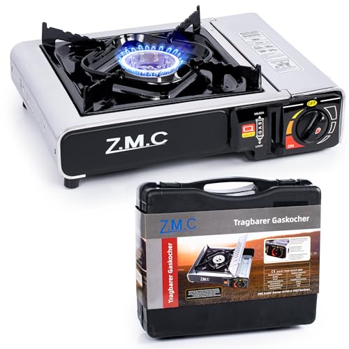 Z.M.C. Gaskocher 1-flammig + Aufbewahrungskoffer, Campingkocher für Outdoor und Innenraum, Campinggaskocher 2,2 kW mit Piezozündung, Edelstahl Kartuschenkocher für Camping