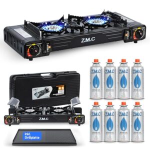 Z.M.C Premium Camping Gaskocher 2-flammig mit Grillplatte und 8 Gaszylindern, ideal für Outdoor-Aktivitäten wie Camping, Festivals oder als Notfallkocher.