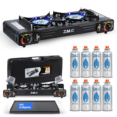 Z.M.C Premium Camping Gaskocher 2-flammig mit Grillplatte und 8 Gaszylindern, ideal für Outdoor-Aktivitäten wie Camping, Festivals oder als Notfallkocher.
