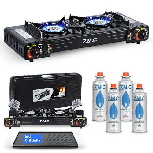 Z.M.C. Premium Camping Gaskocher Set inkl. Grillplatte und 4 Gas-Kartuschen für Outdoor-Cooking