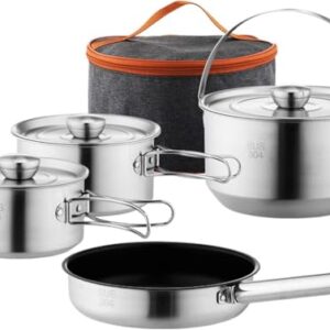 Camping Kochgeschirr Set mit Töpfen und Pfannen für Lagerfeuer Kochen, inklusive Reise Einkaufstasche für 4-6 Personen