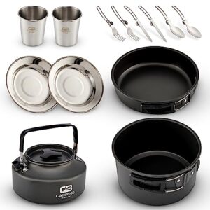 Campinggeschirr Set für 2 Personen aus Aluminium und Edelstahl. Das Set enthält einen Topf, eine Bratpfanne, eine Teekanne, zwei Teller, zwei Becher und Besteck. Ideal für Campingabenteuer und Grillen im Freien.