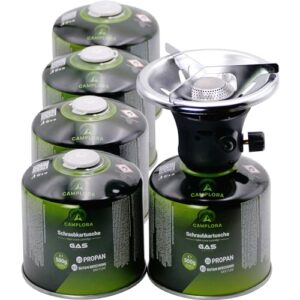 Gaskocher mit 5 Gaskartuschen und Piezozündung für Camping oder Backpacking, kleiner Gaskocher für Outdoor-Aktivitäten