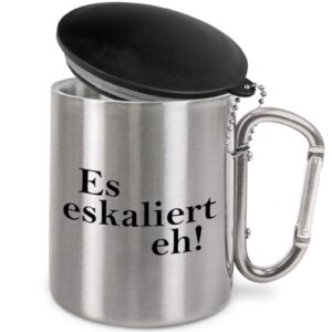 Stainless steel drinking cup with carabiner hook and lid for outdoor activities, camping, events and as a gift idea.