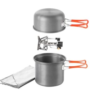Camping Kochgeschirr Set mit Mini Gasbrenner und Windschild - Leichtes Outdoor Kochset für Wandern, Trekking, Camping