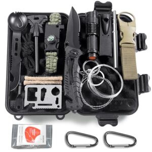 Mehrzweck-Survival-Kit mit Erste-Hilfe-Set für Outdoor-Aktivitäten wie Camping, Wandern und Bergsteigen. Inklusive Taschenlampe, Blasrohr, Pfeife, Feuerschaber, Drahtsäge und weiteren Überlebenshilfsmitteln.